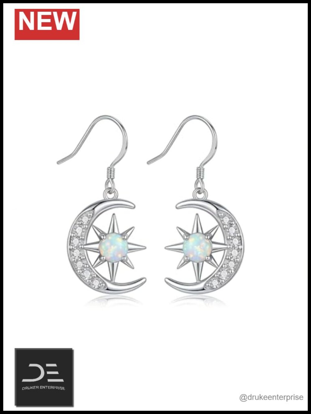 Moon and Star Earrings 18K White Gold Plated Opal Moonstone Celtic Knot Drop